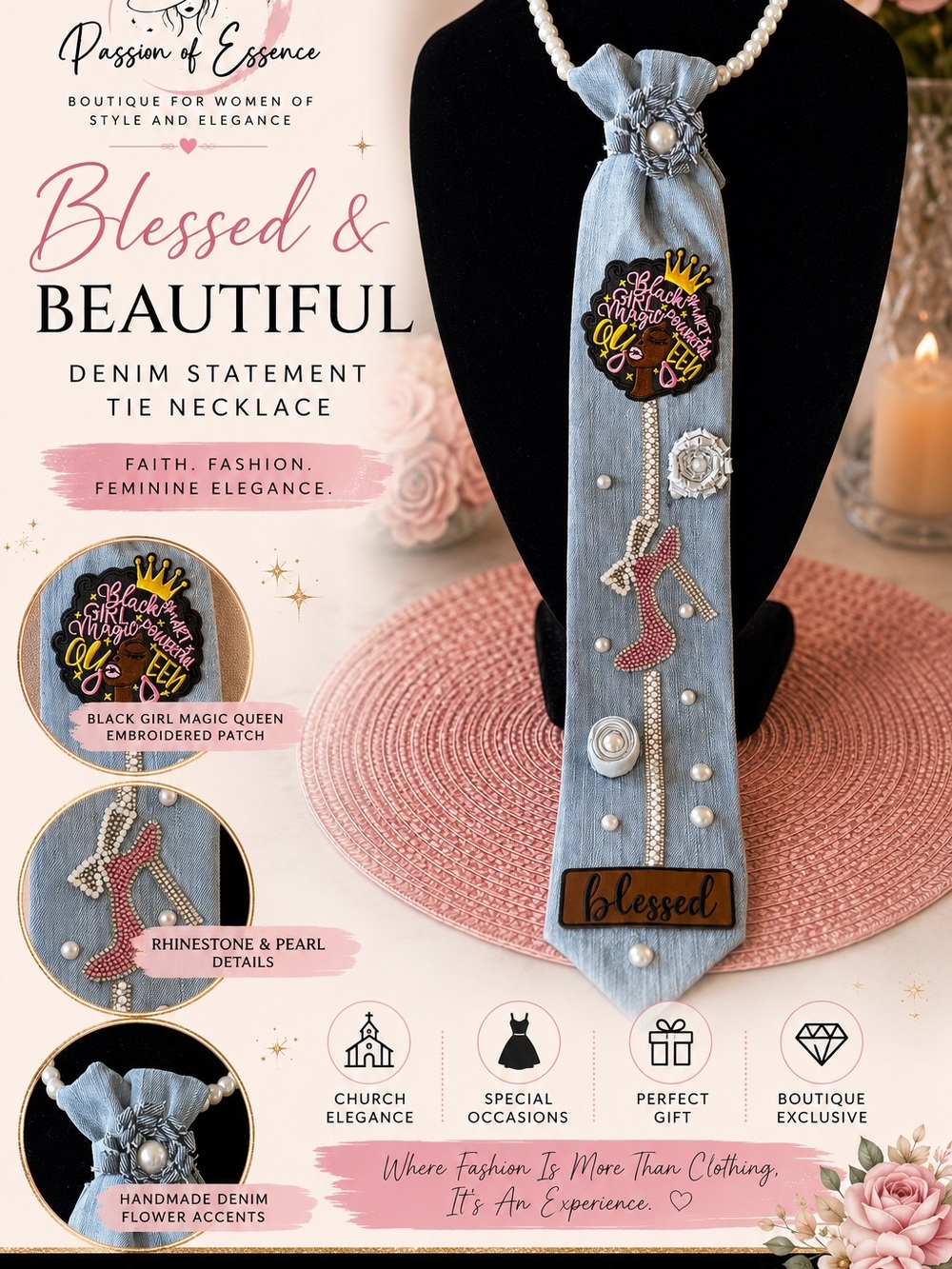 Handmade Black Girl Magic Denim Necktie Necklace - Picture 3 of 6